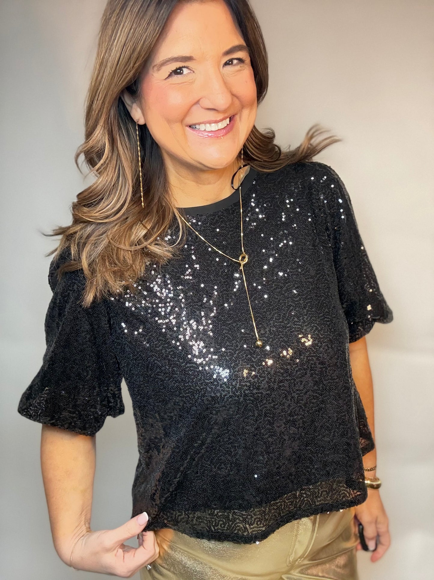 The Black Sequin Puff Sleeve Blouse