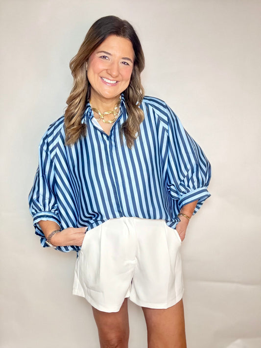 The Summer Stripe Blue Blouse - Triple Charm Boutique