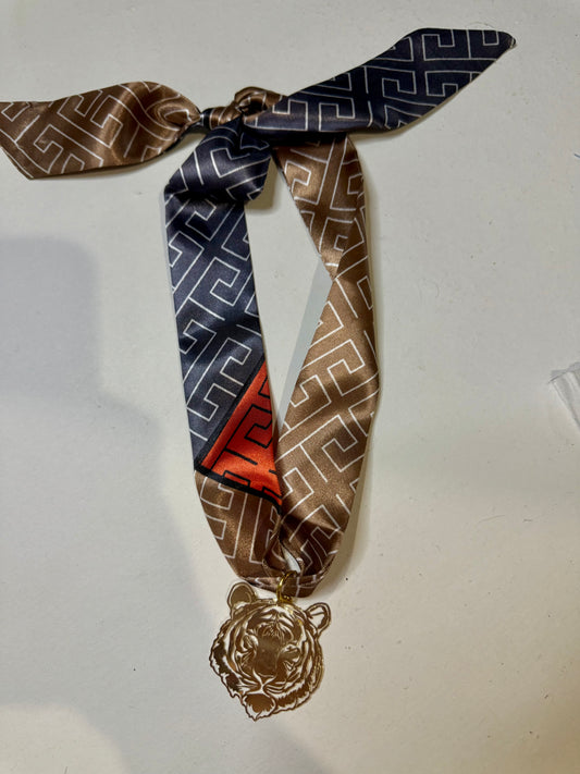 The Gold Tiger Orange, Tan, Grey, & Navy Tie Scarf Necklace