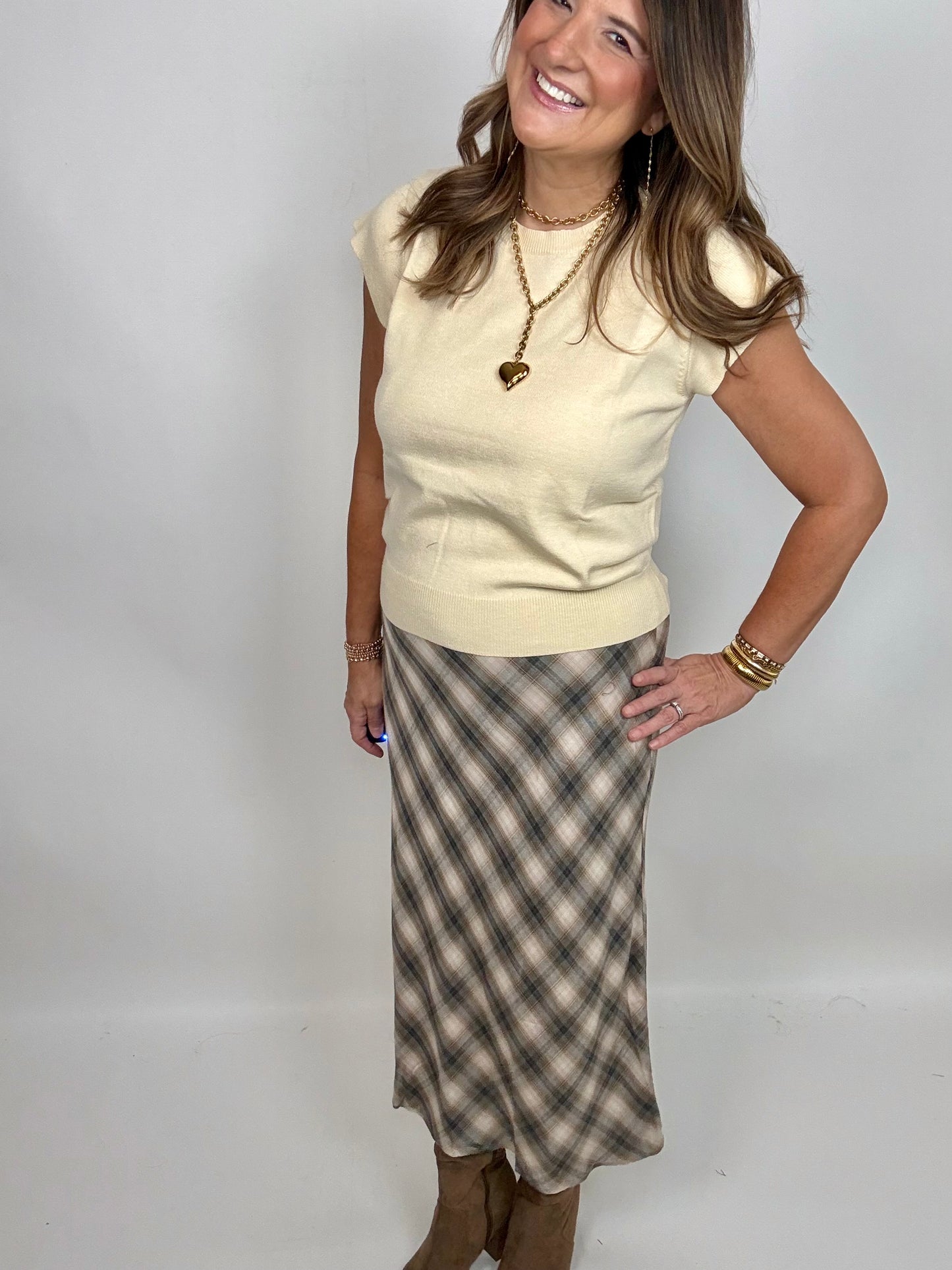 The Grey Small Plaid Midi Skirt