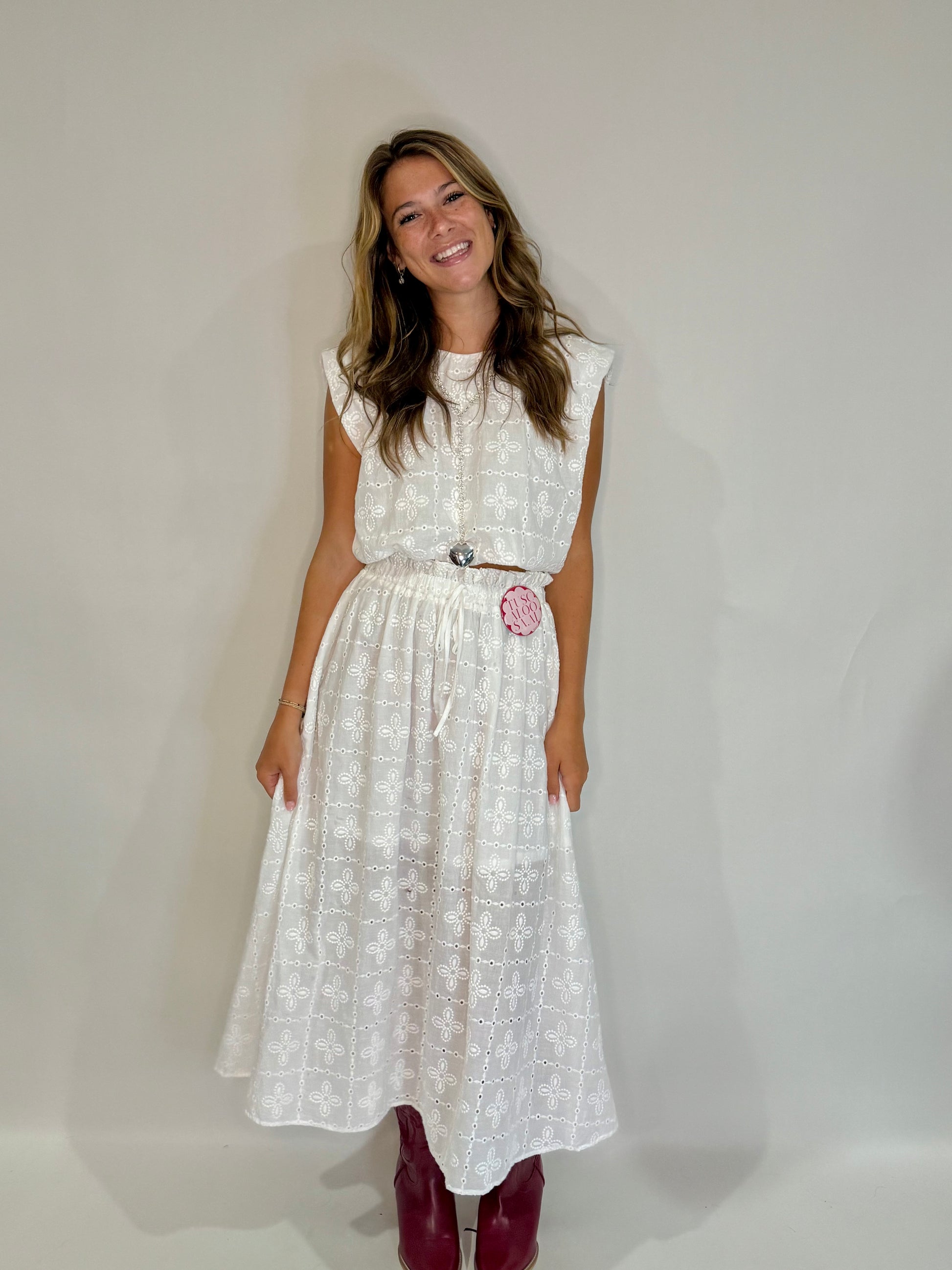 The White Eyelet Lace Midi Skirt Set - Triple Charm Boutique