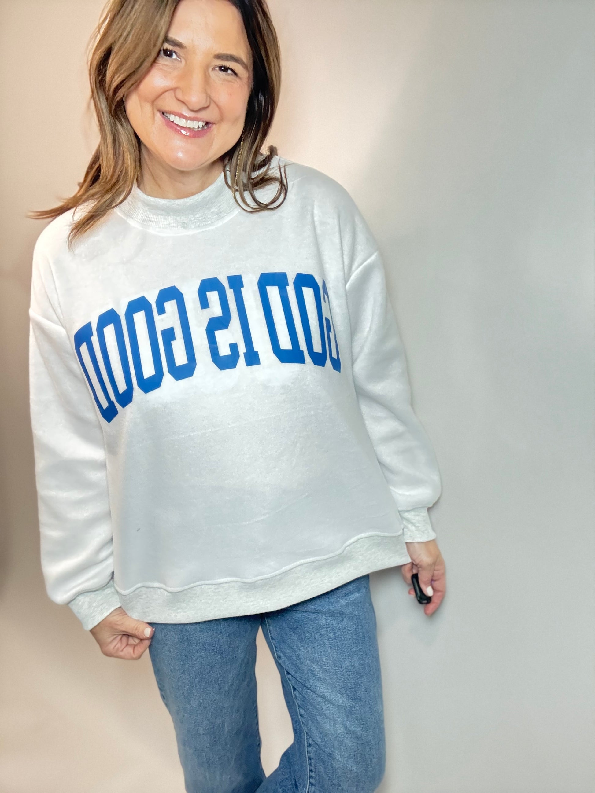 Jesus/God is Good reversible sweatshirt size small-medium - Triple Charm Boutique