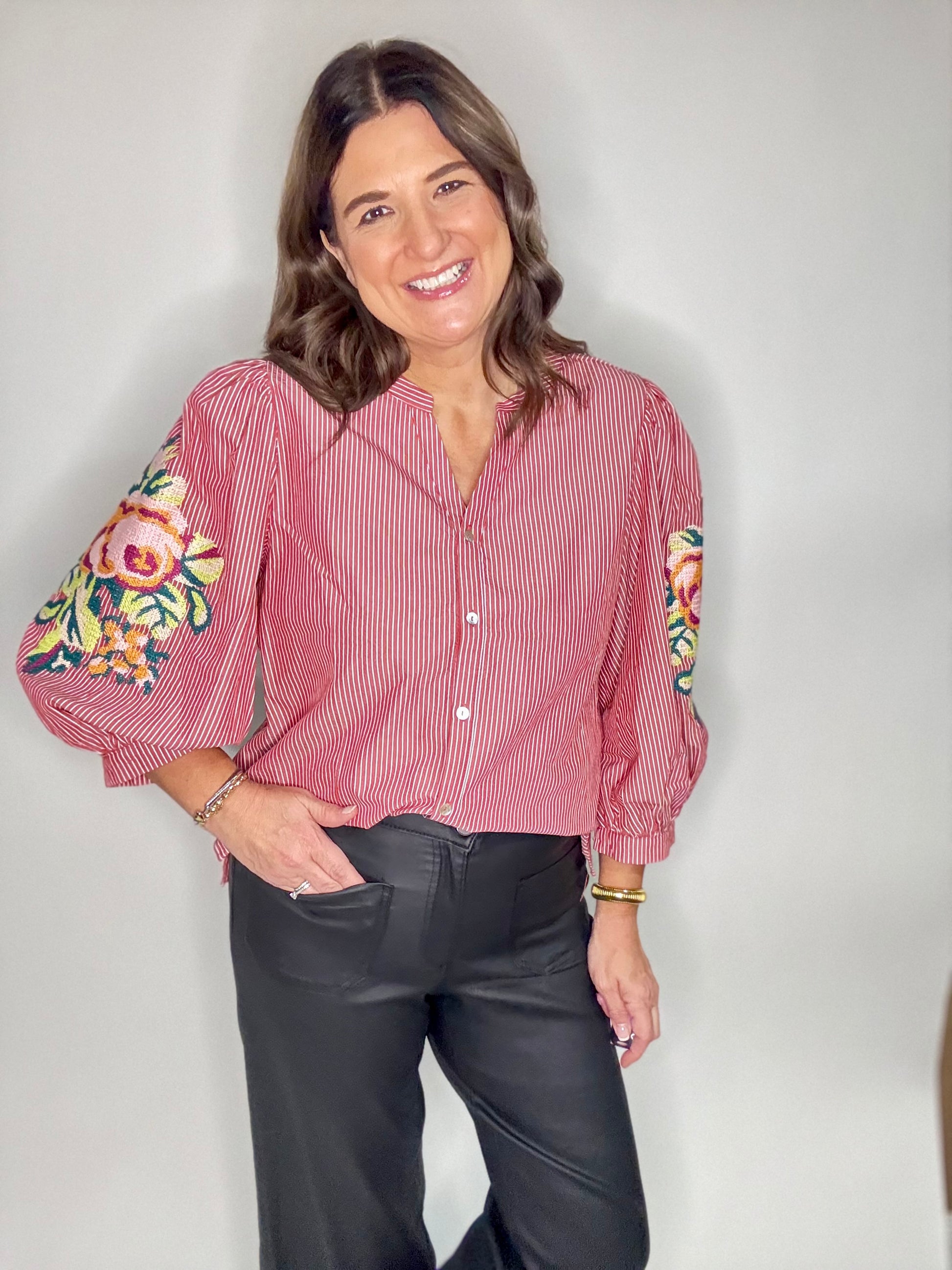 The Red Stripe Floral Blouse - Triple Charm Boutique
