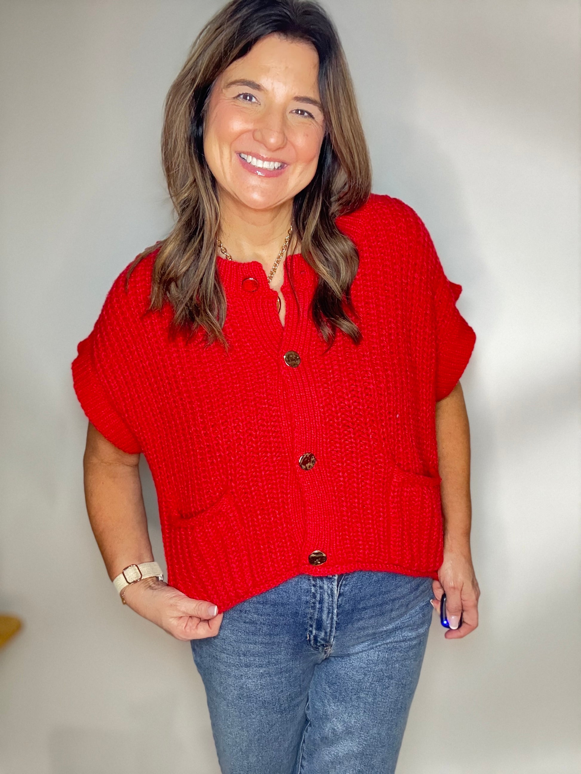 The Red & Gold Button Up Sweater - Triple Charm Boutique