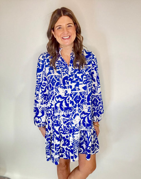 The Blue Fall Floral Long Sleeve Mini Dress