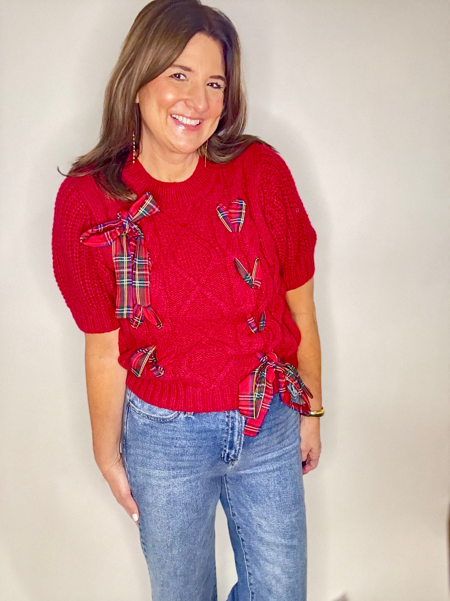 Red Holiday Plaid Bow Sweater