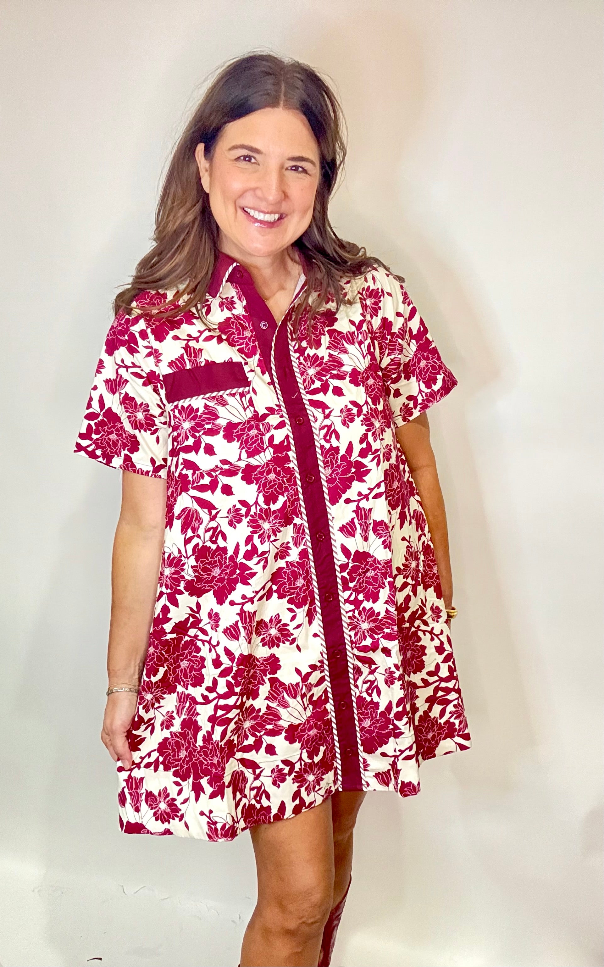 The Red & White Floral Gail  Dress - Triple Charm Boutique