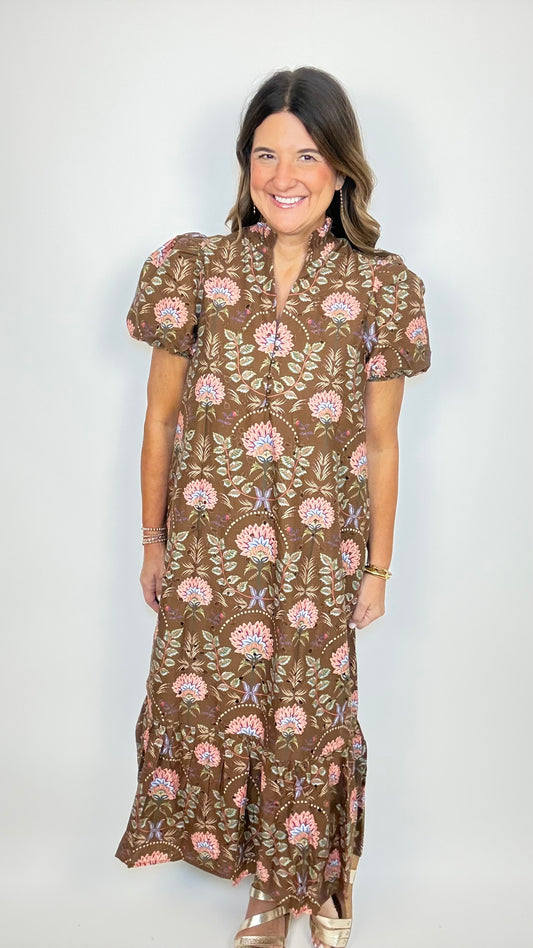 The Brown Floral Lace Midi Dress