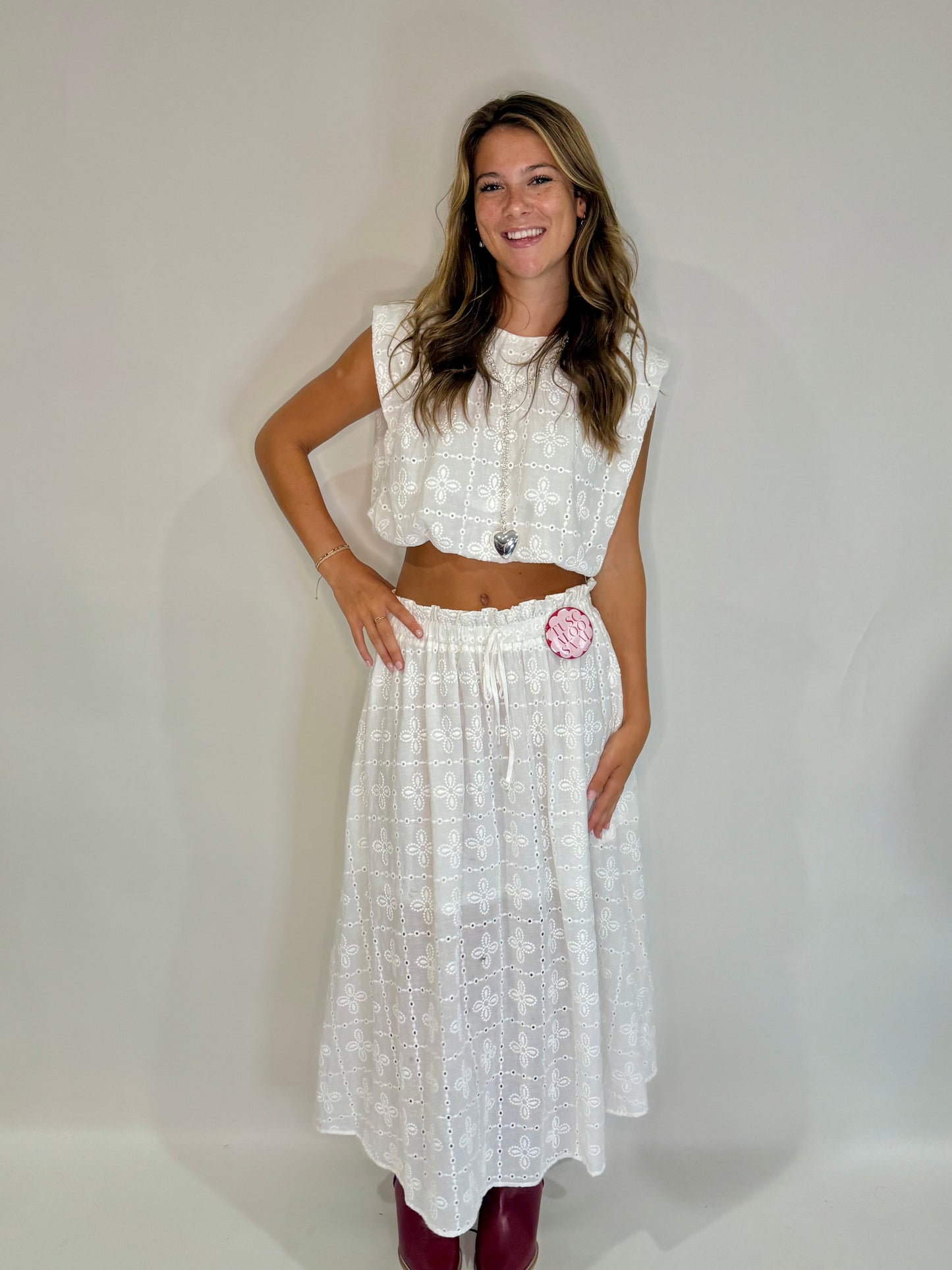 The White Eyelet Lace Midi Skirt Set - Triple Charm Boutique