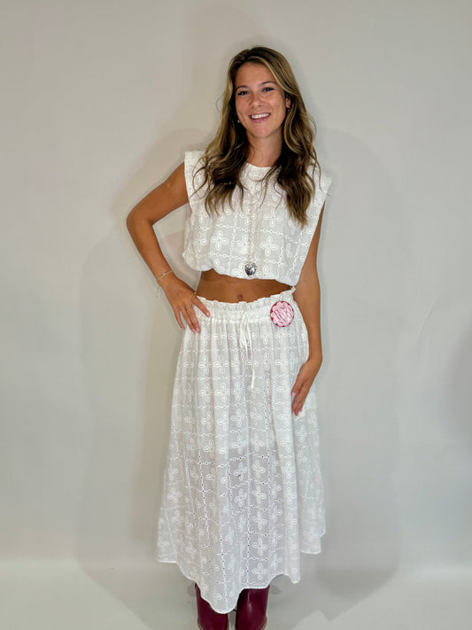 The White Eyelet Lace Midi Skirt Set - Triple Charm Boutique