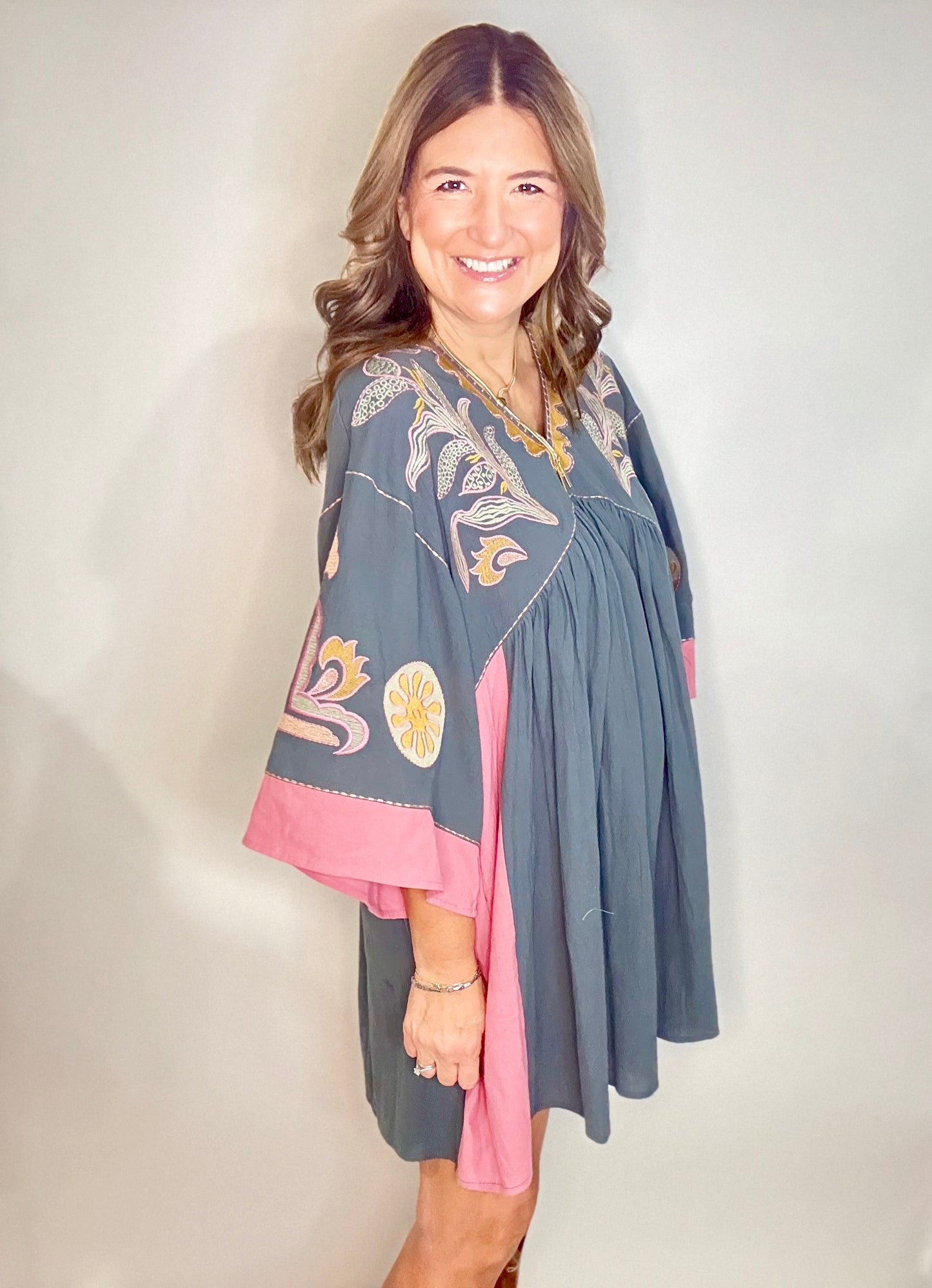 The Grey  Floral Quarter Sleeve Mini Dress