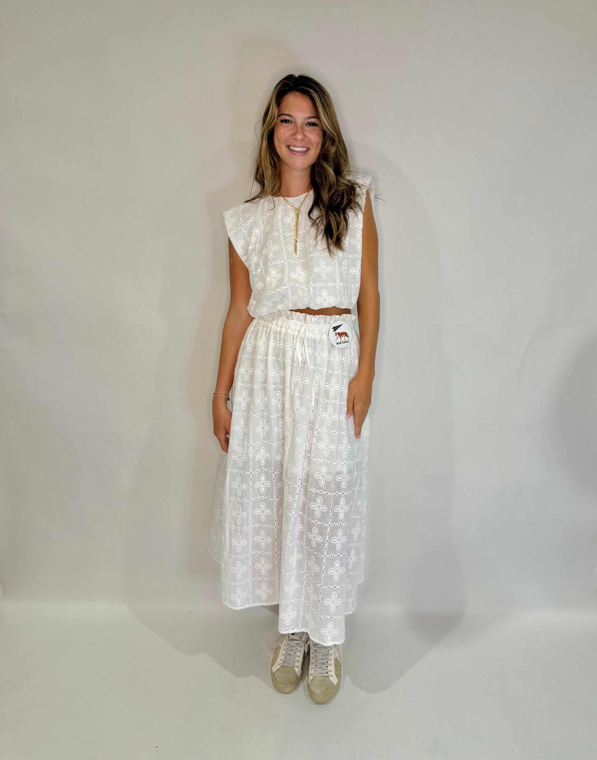 The White Eyelet Lace Midi Skirt Set - Triple Charm Boutique