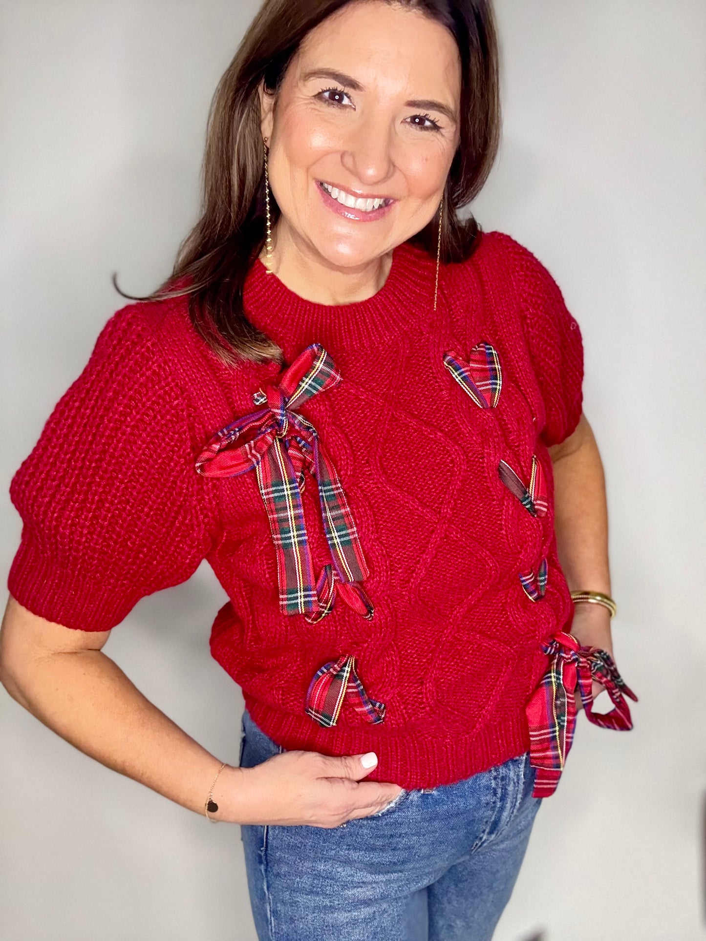 Red Holiday Plaid Bow Sweater