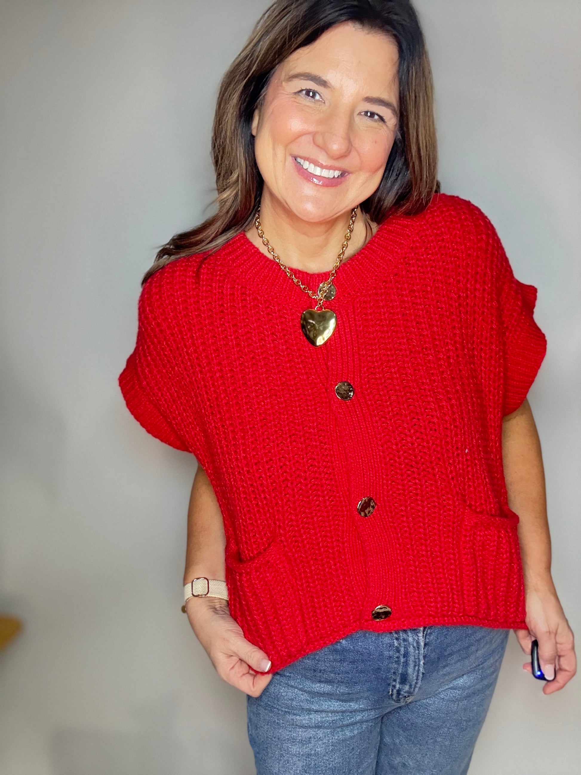 The Red & Gold Button Up Sweater - Triple Charm Boutique