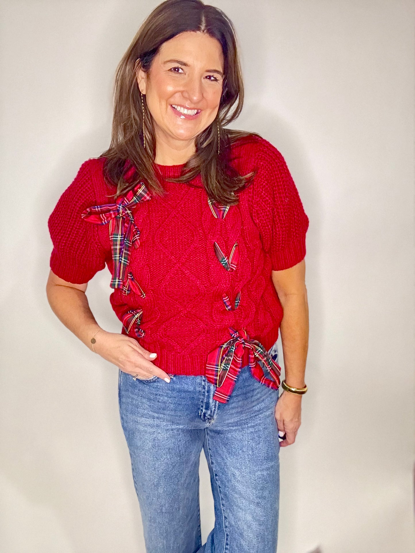 Red Holiday Plaid Bow Sweater