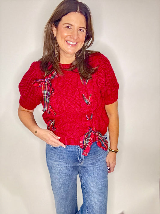 Red Holiday Plaid Bow Sweater