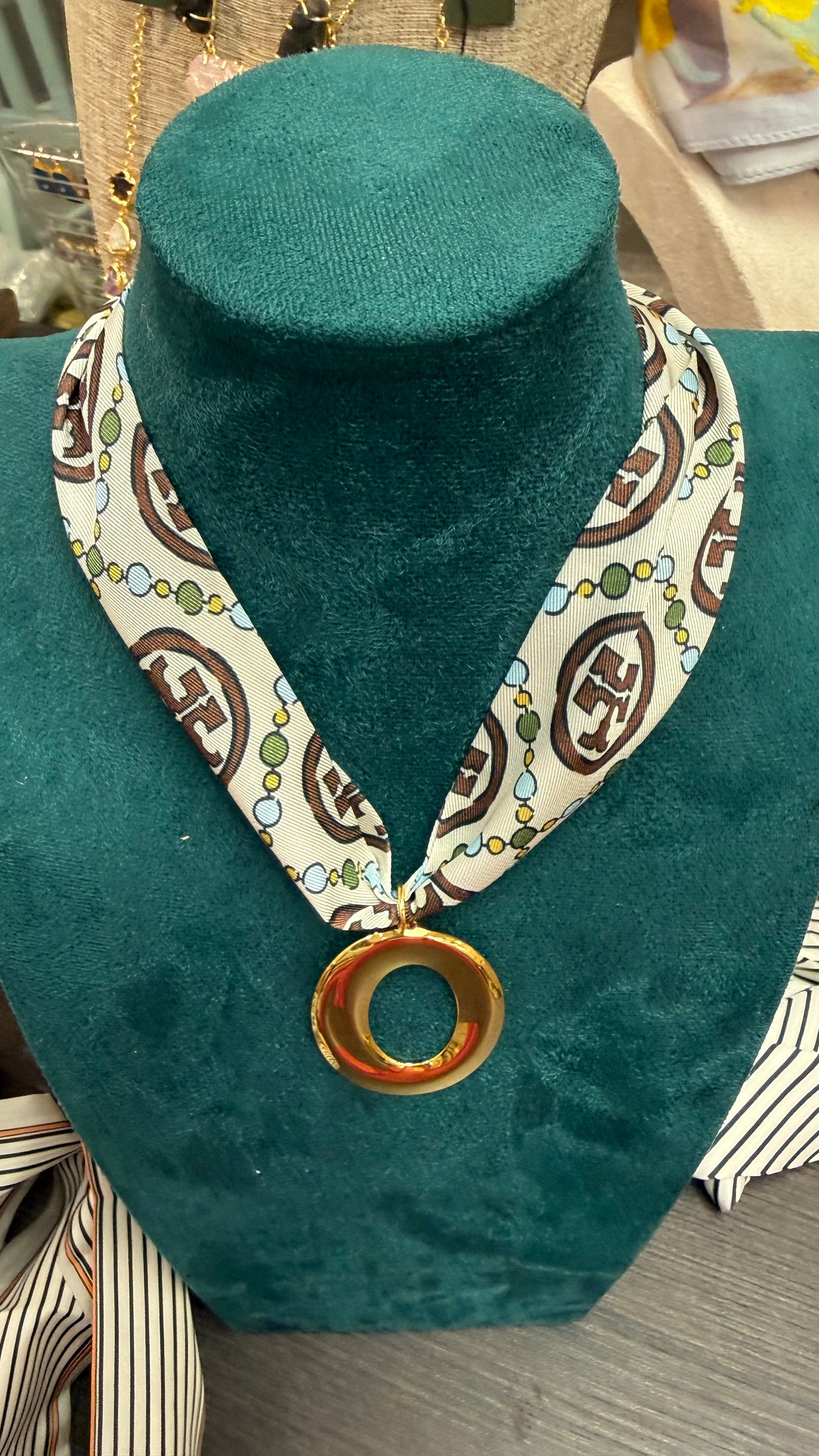 The Cream & Brown Scarf Necklace with Gold Circle Charm