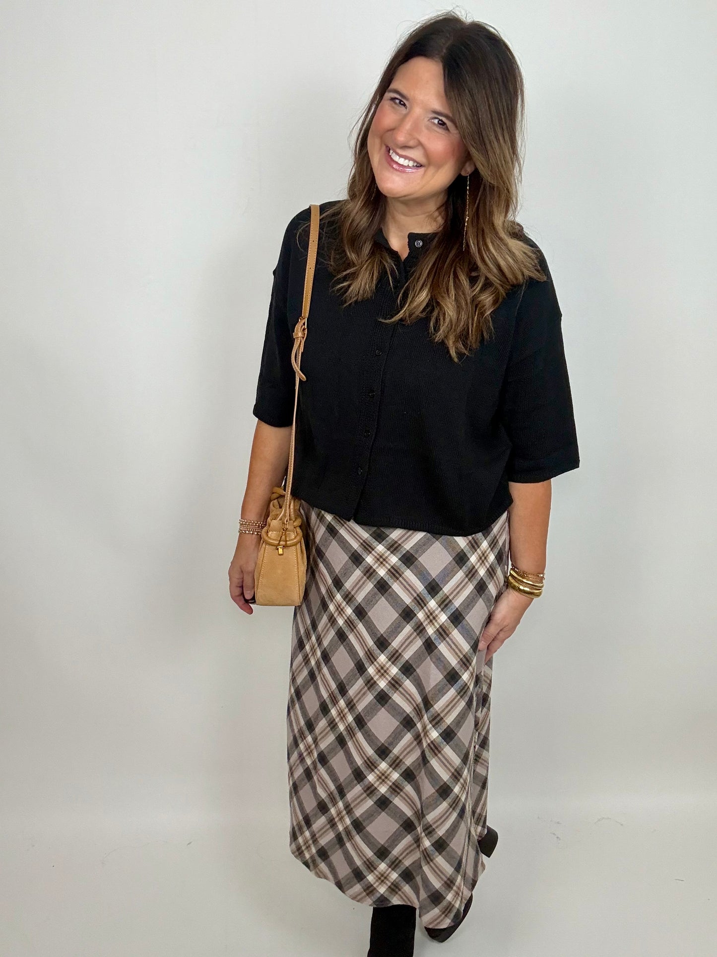 The Grey Large Plaid Midi Skirt