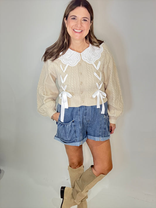 The Beige Lace Up Collar Sweater