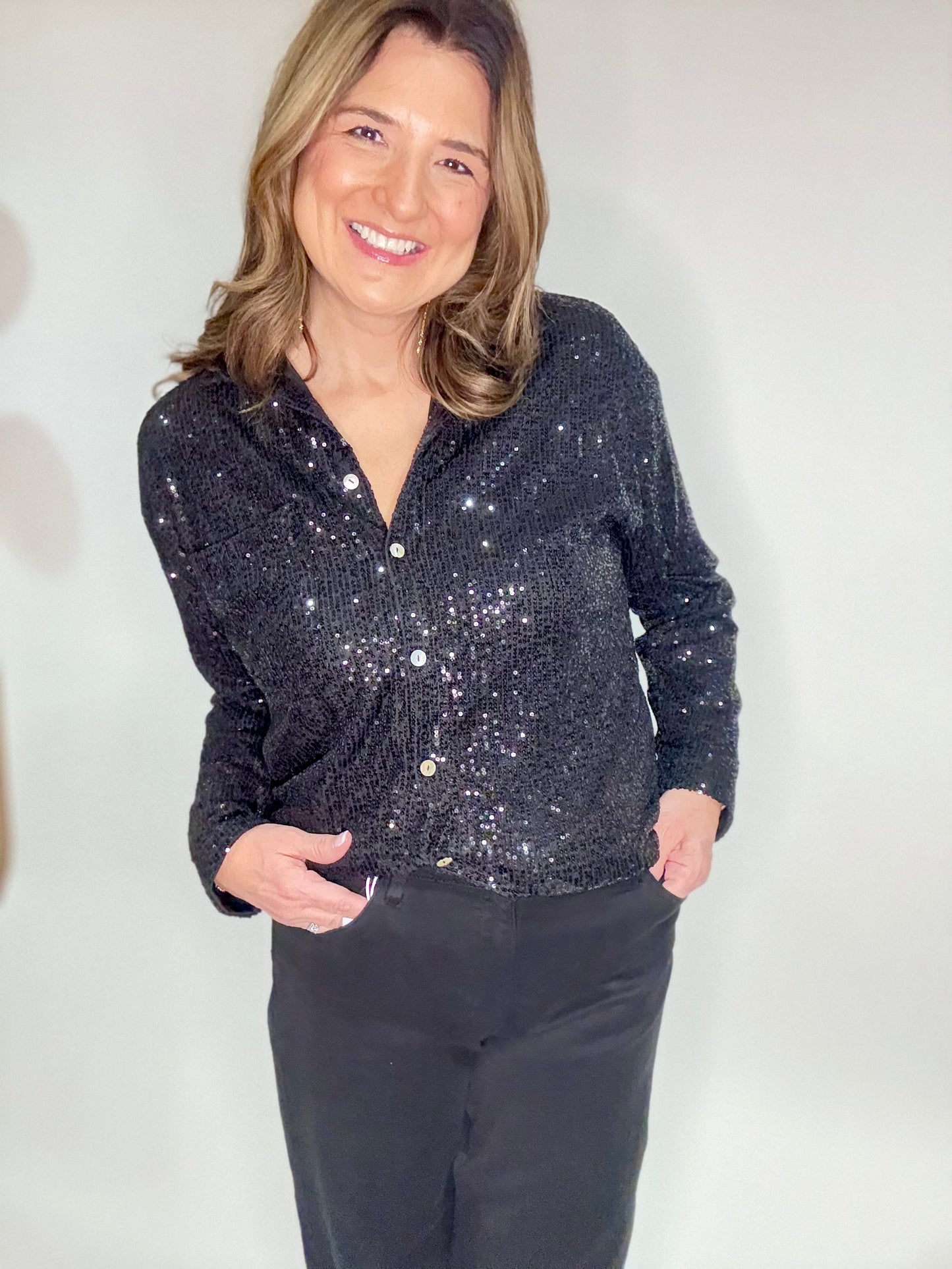 The Black Sequin Dressy Button Up Blouse