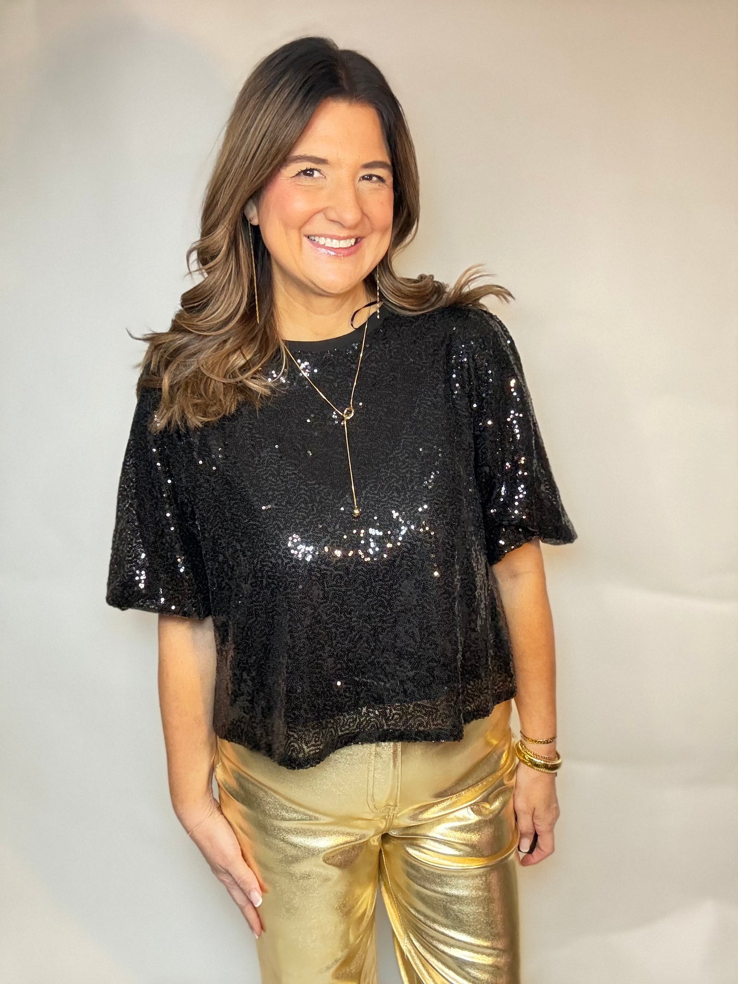 The Black Sequin Puff Sleeve Blouse