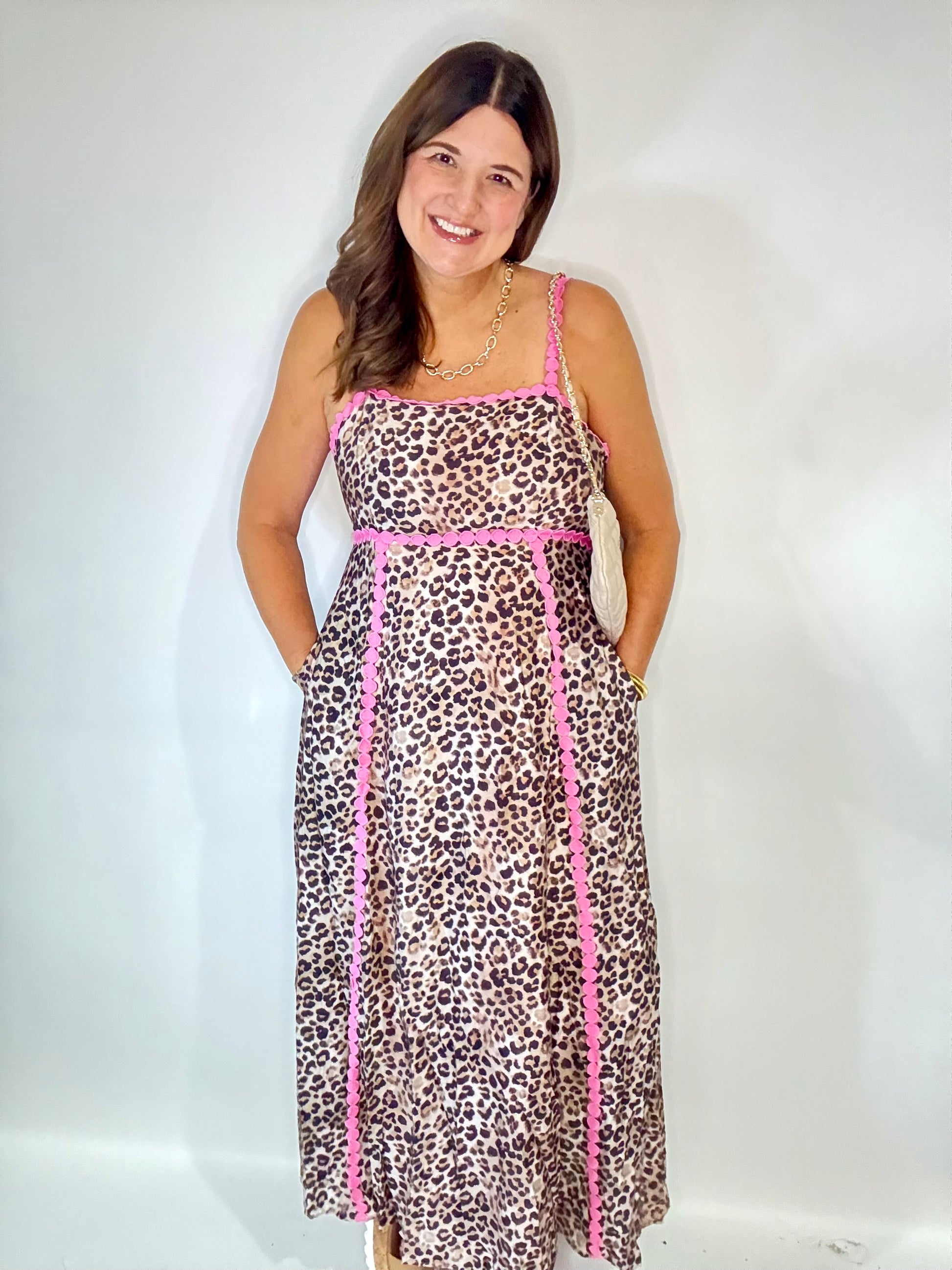 The Leopard Pink Midi Dress - Triple Charm Boutique
