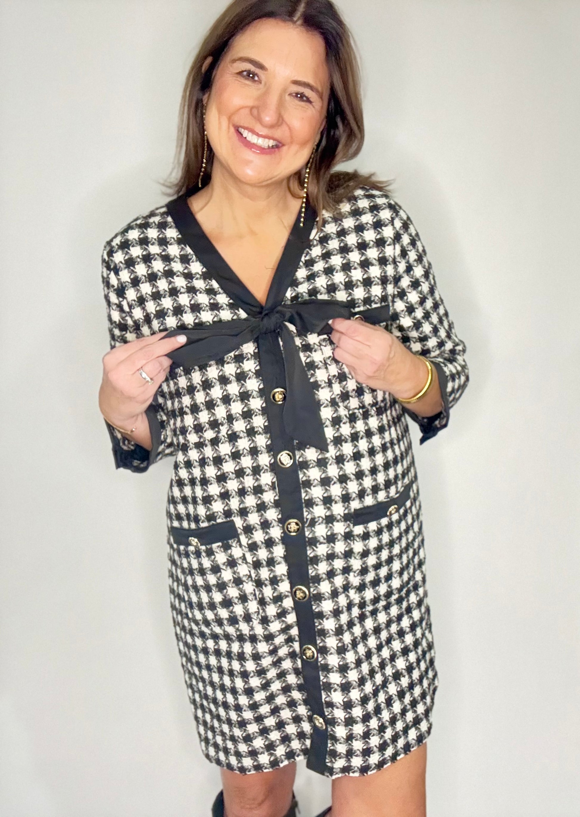 black houndstooth dress Houndstooth Square Neck Long Sleeve Mini Dress With Pockets