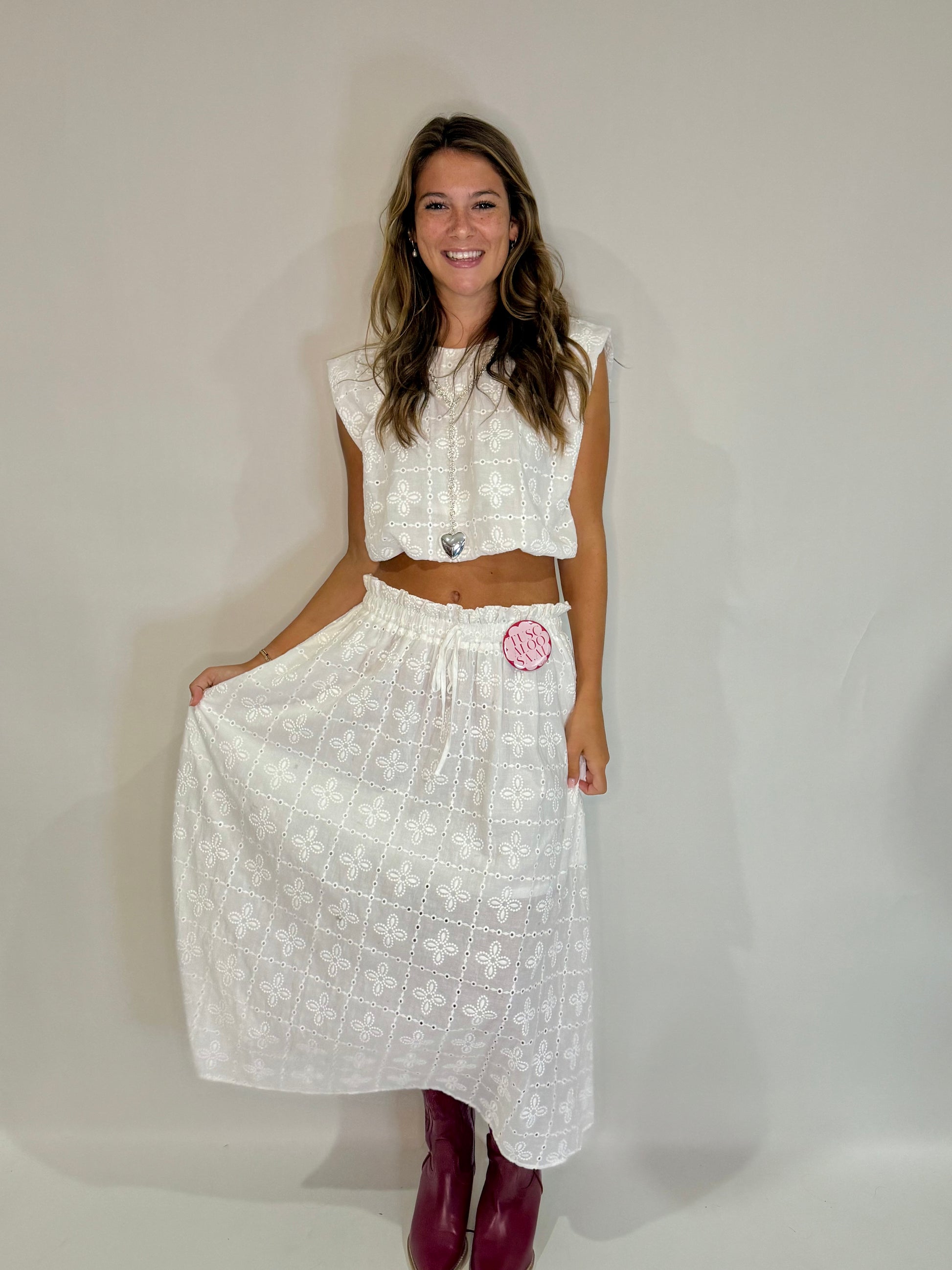 The White Eyelet Lace Midi Skirt Set - Triple Charm Boutique