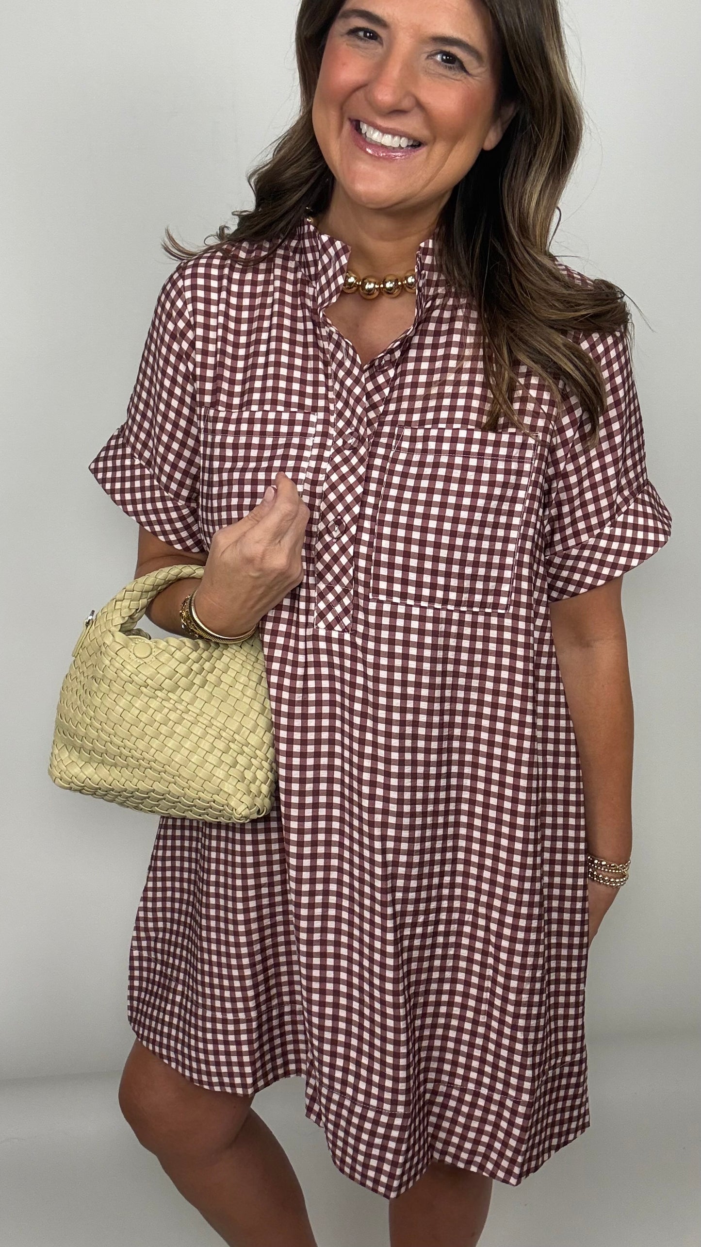The Crimson Red Button Up High Collar Dress