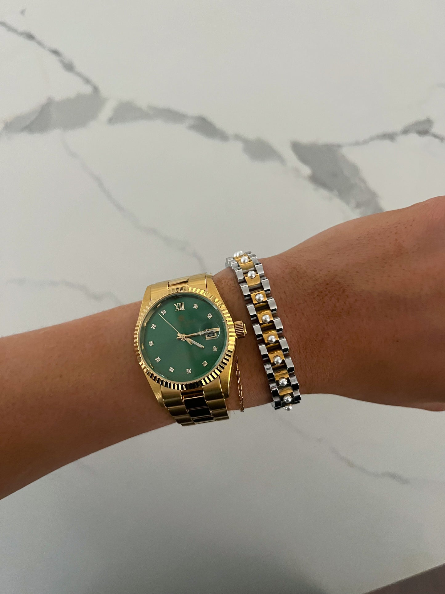 PEARL TWO TONED WATCH BAND BRACELET - Triple Charm Boutique