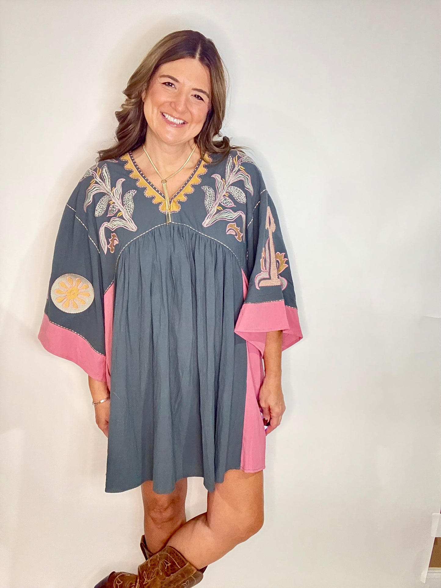 The Grey  Floral Quarter Sleeve Mini Dress