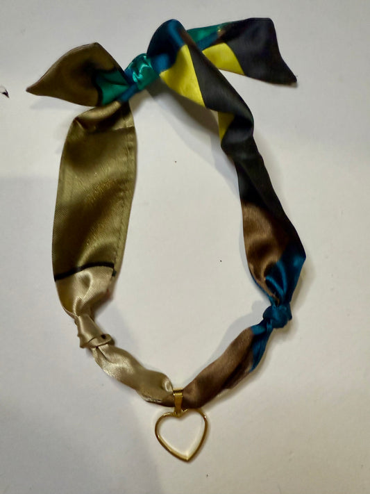 Turquoise, cream & brown multi  heart scarf necklace
