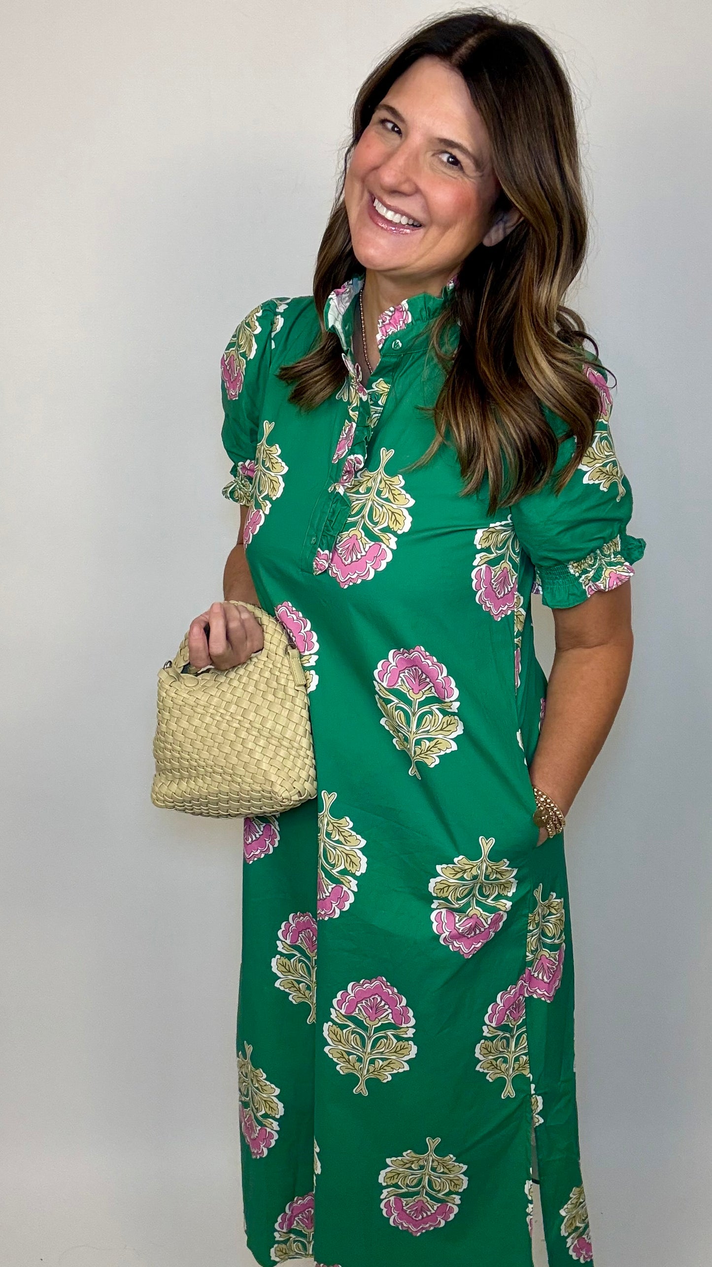 The Pink & Green Floral Ruffle Midi Dress