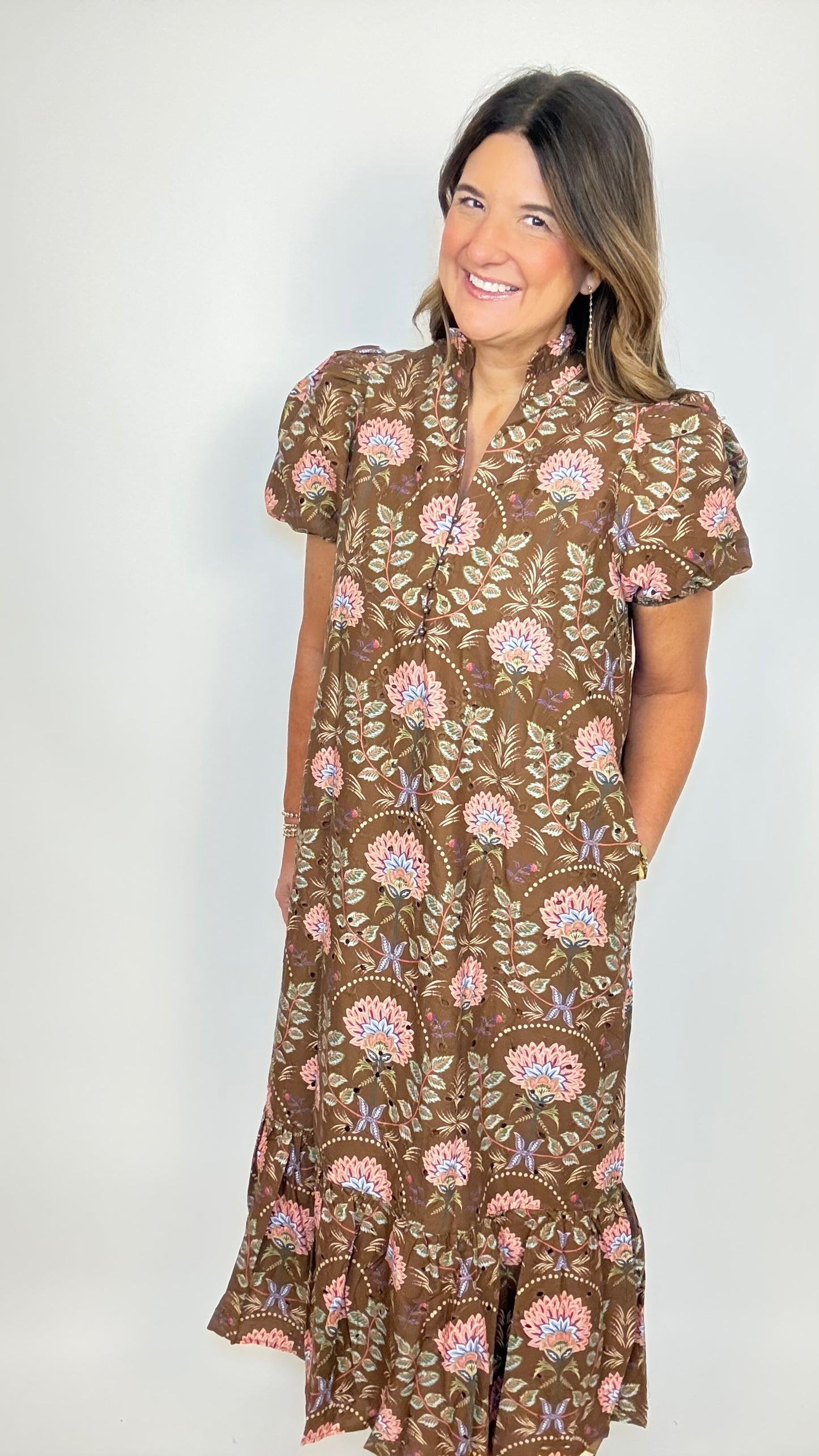 The Brown Floral Lace Midi Dress