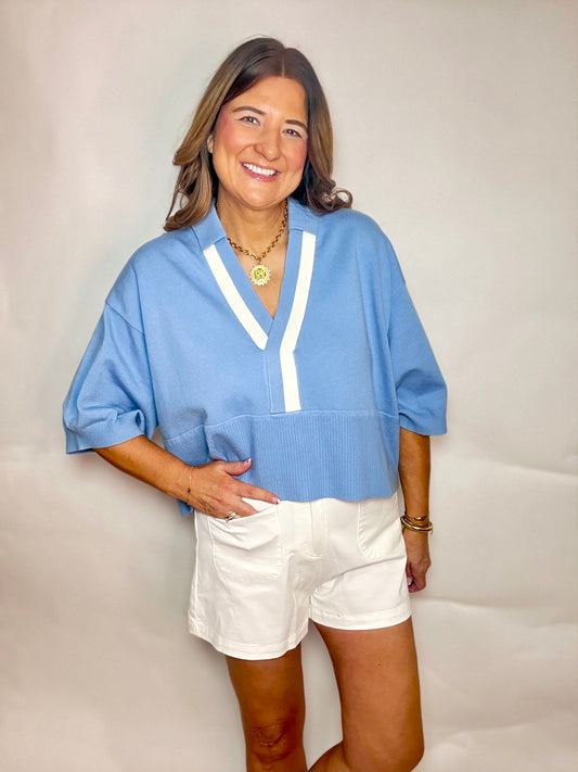 The Baby Blue Collar Sweater - Triple Charm Boutique