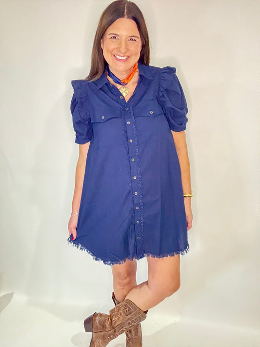 The Leslie Navy Ruffle  Dress - Triple Charm Boutique