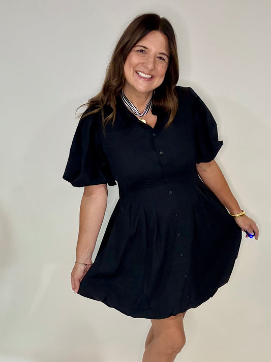 The Button Up Black Bubble Dress - Triple Charm Boutique