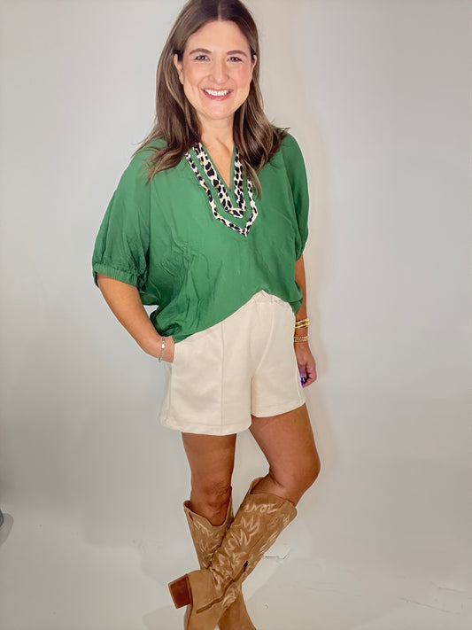 The Kelly Green leopard Trim Top