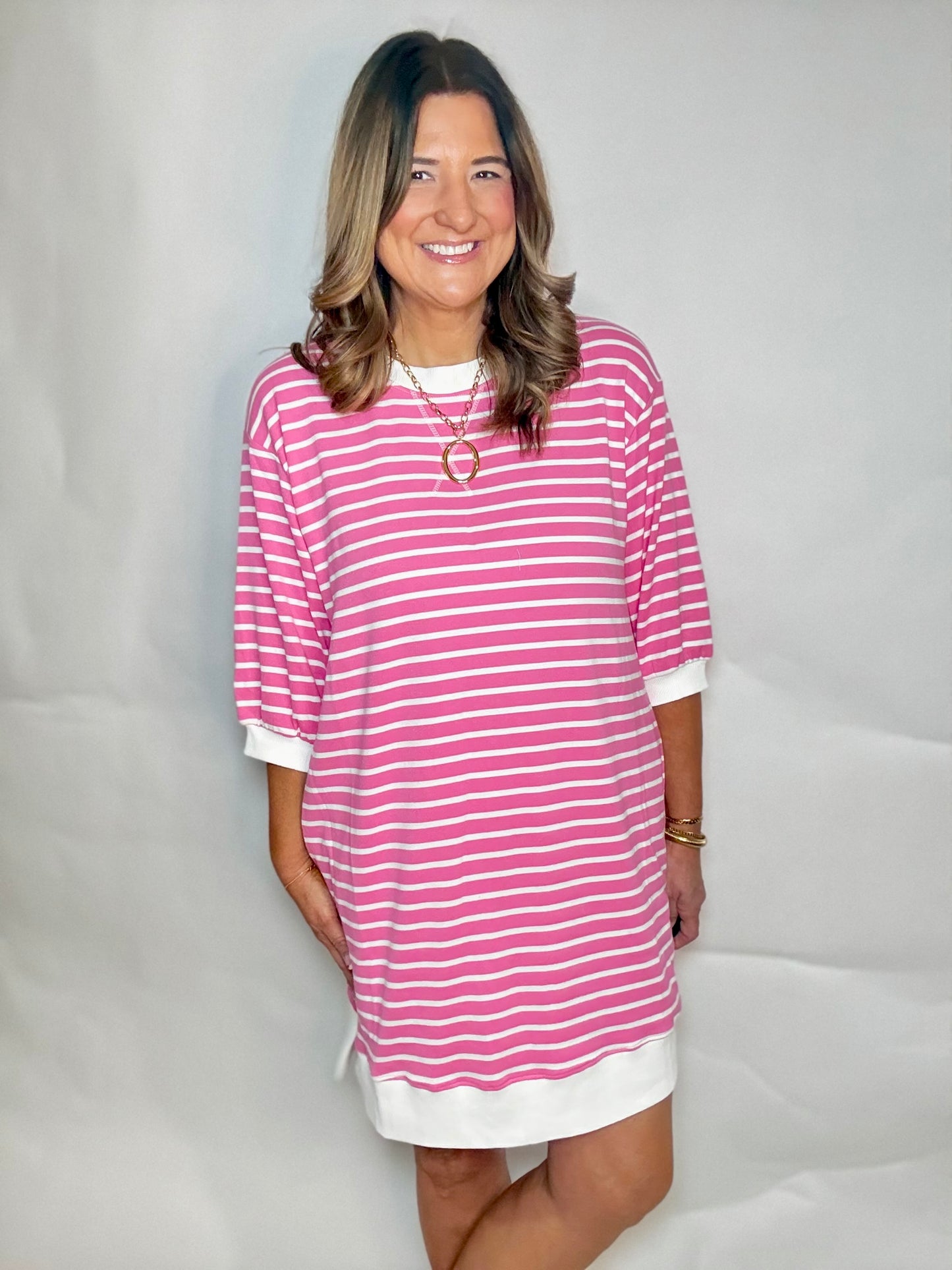 The Pink Stripe Comfy Dress - Triple Charm Boutique