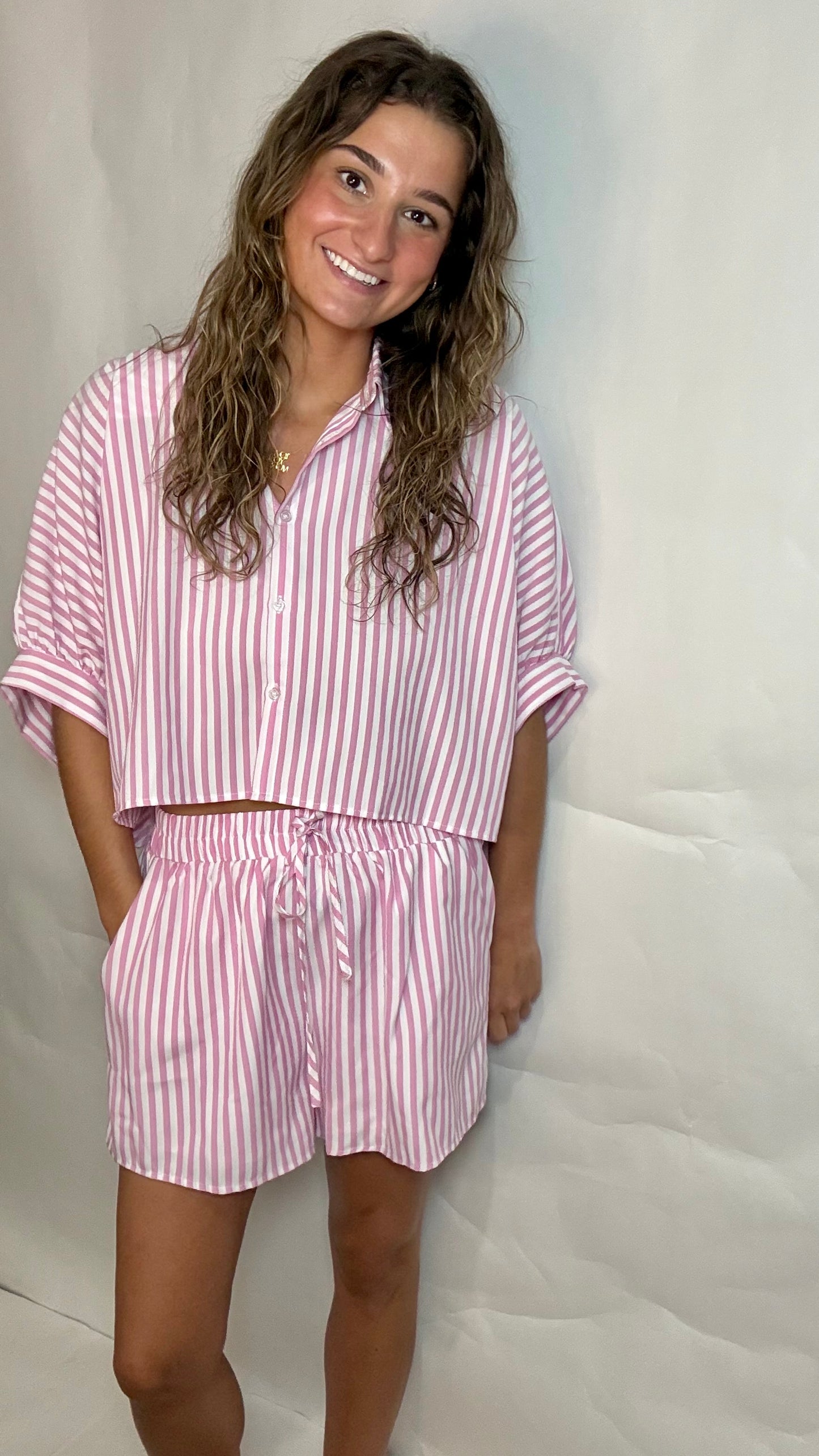 Pink Stripe Shorts Set