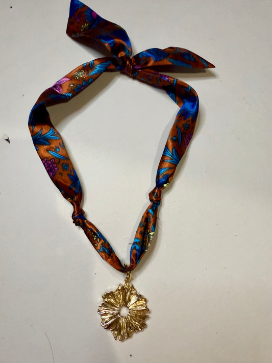 Burt orange flower scarf gold plated charm necklace