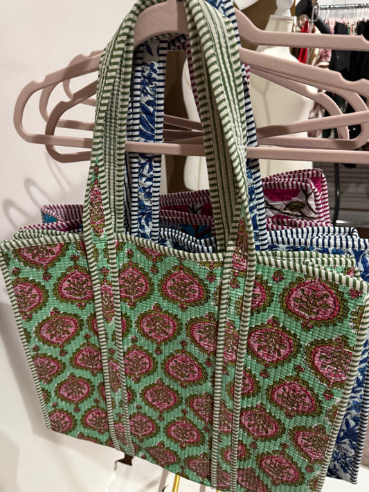 The Pink & Green Floral Quilted Tote Bag