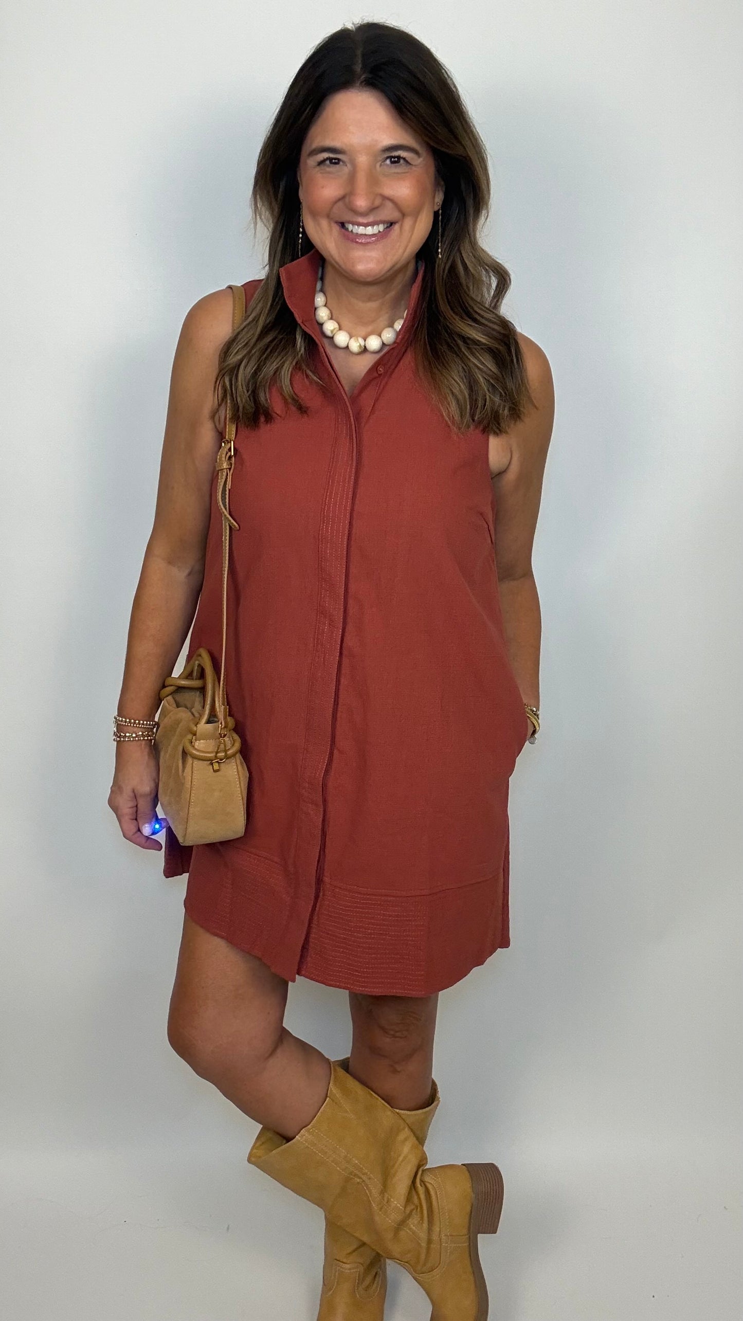 The High Collar Burnt Orange Sleeveless Dress