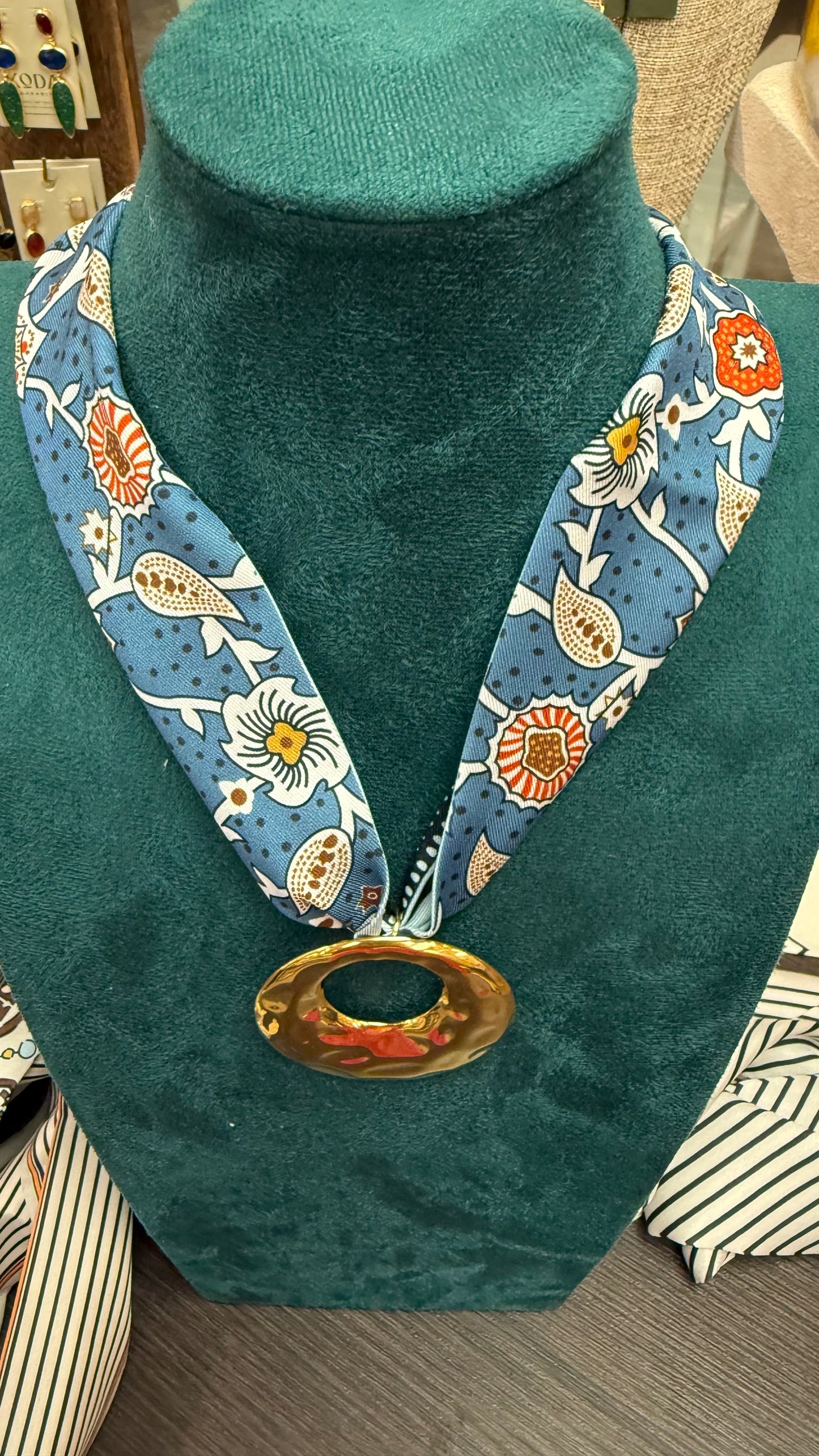 The Turquoise Floral  Scarf Necklace with Gold Circle Charm