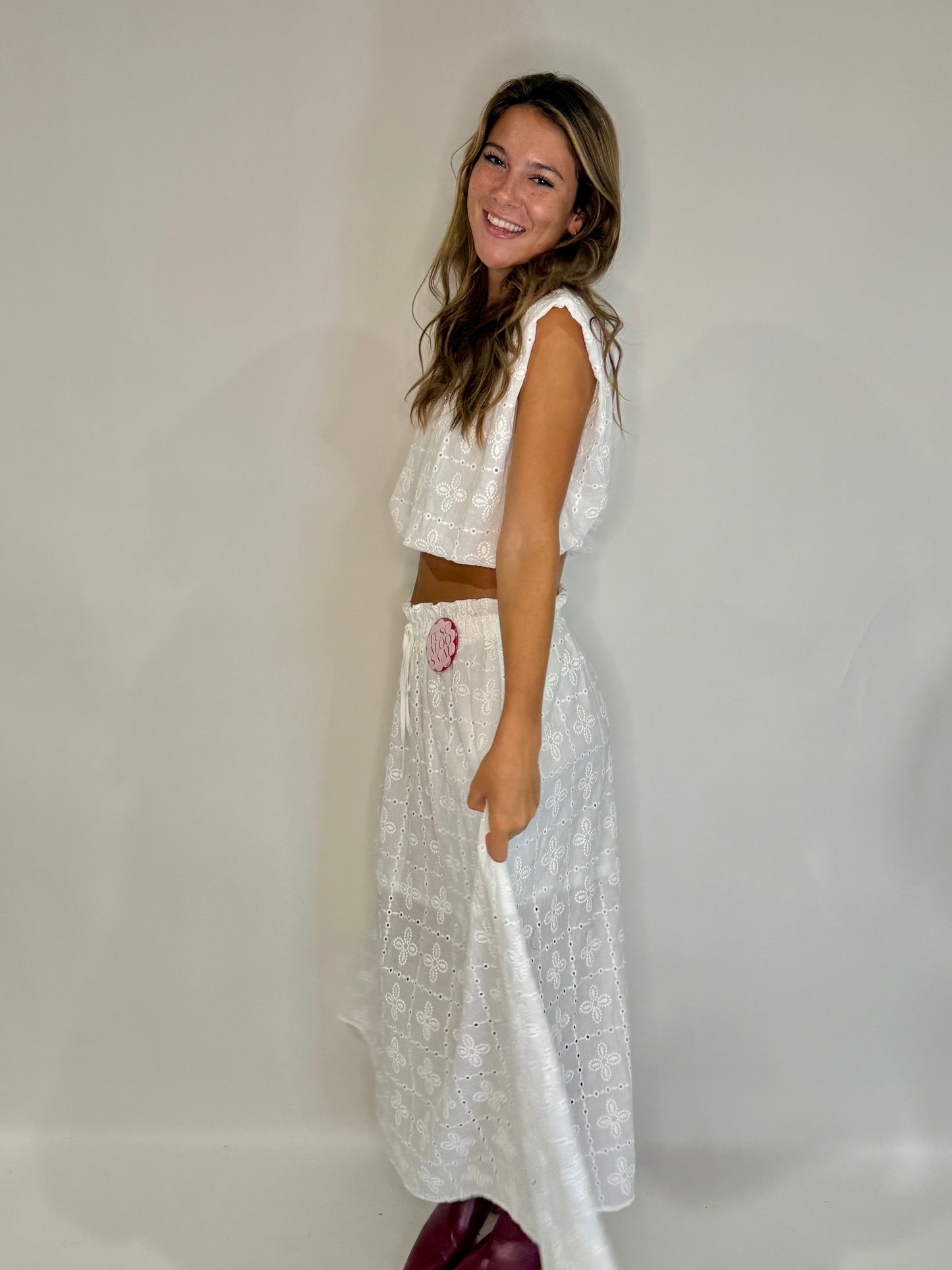 The White Eyelet Lace Midi Skirt Set - Triple Charm Boutique