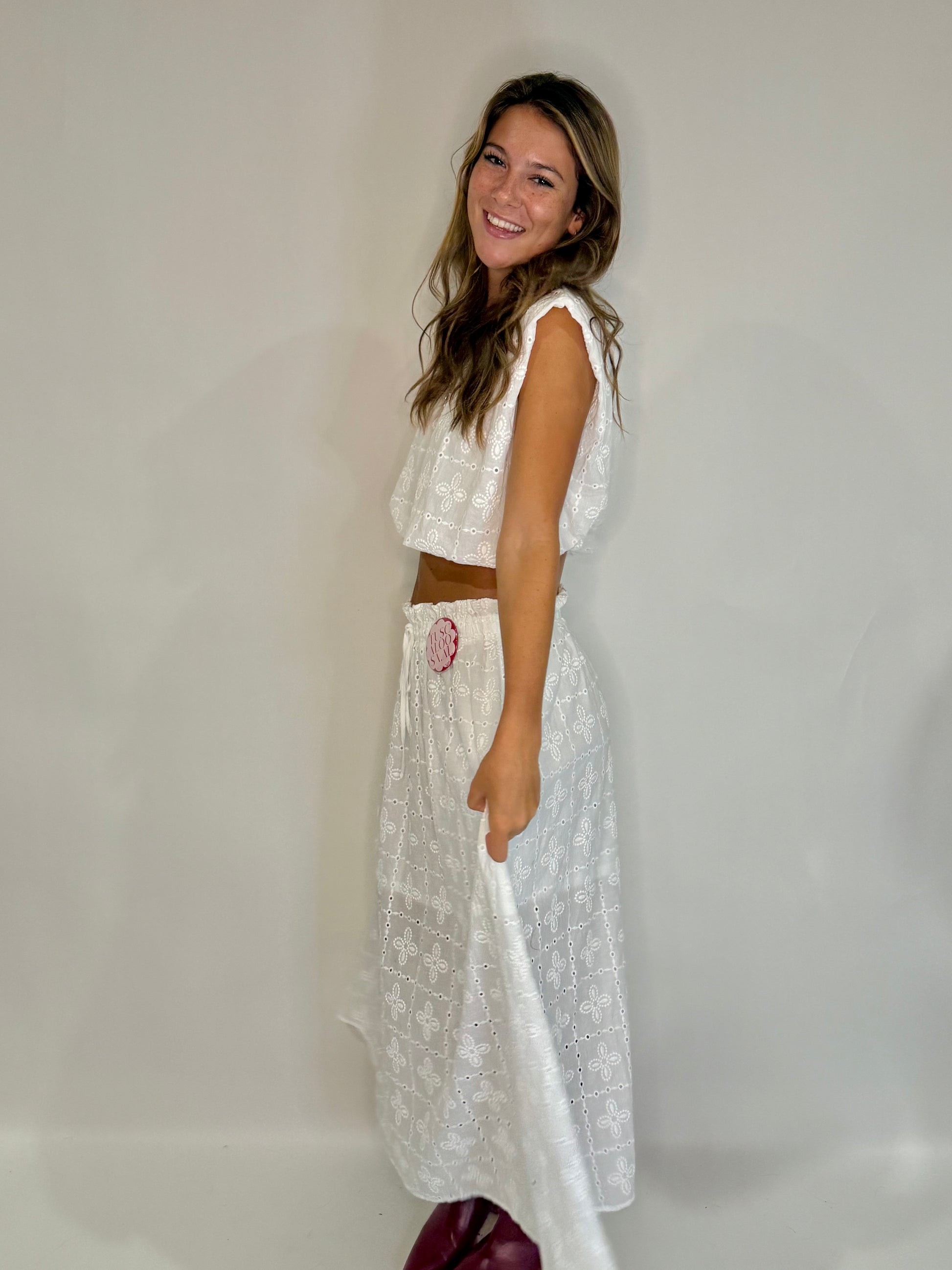 The White Eyelet Lace Midi Skirt Set - Triple Charm Boutique