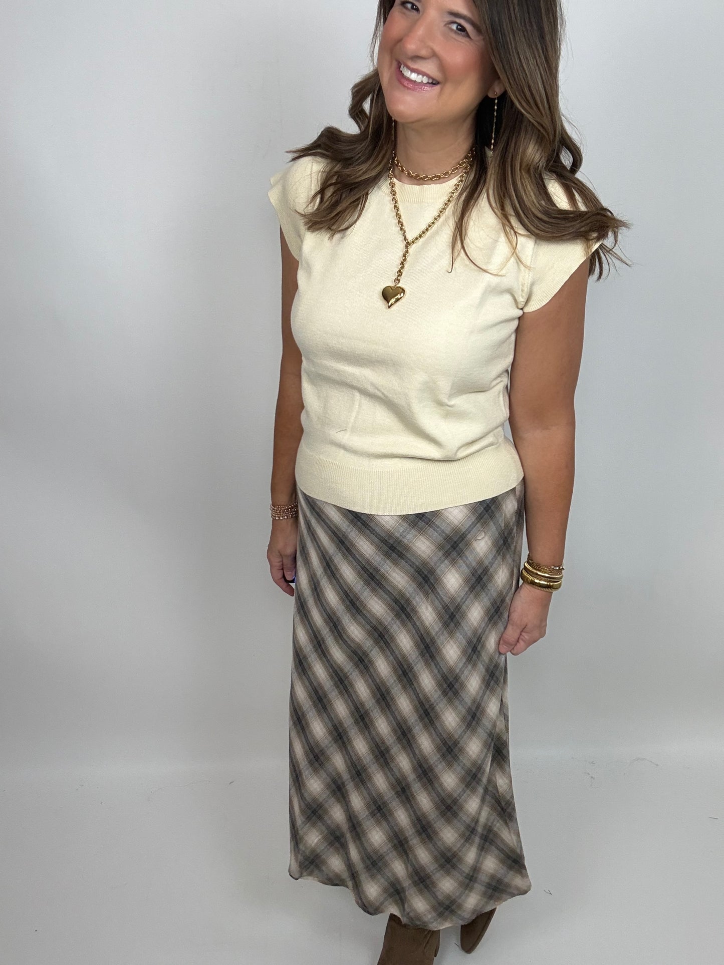 The Grey Small Plaid Midi Skirt