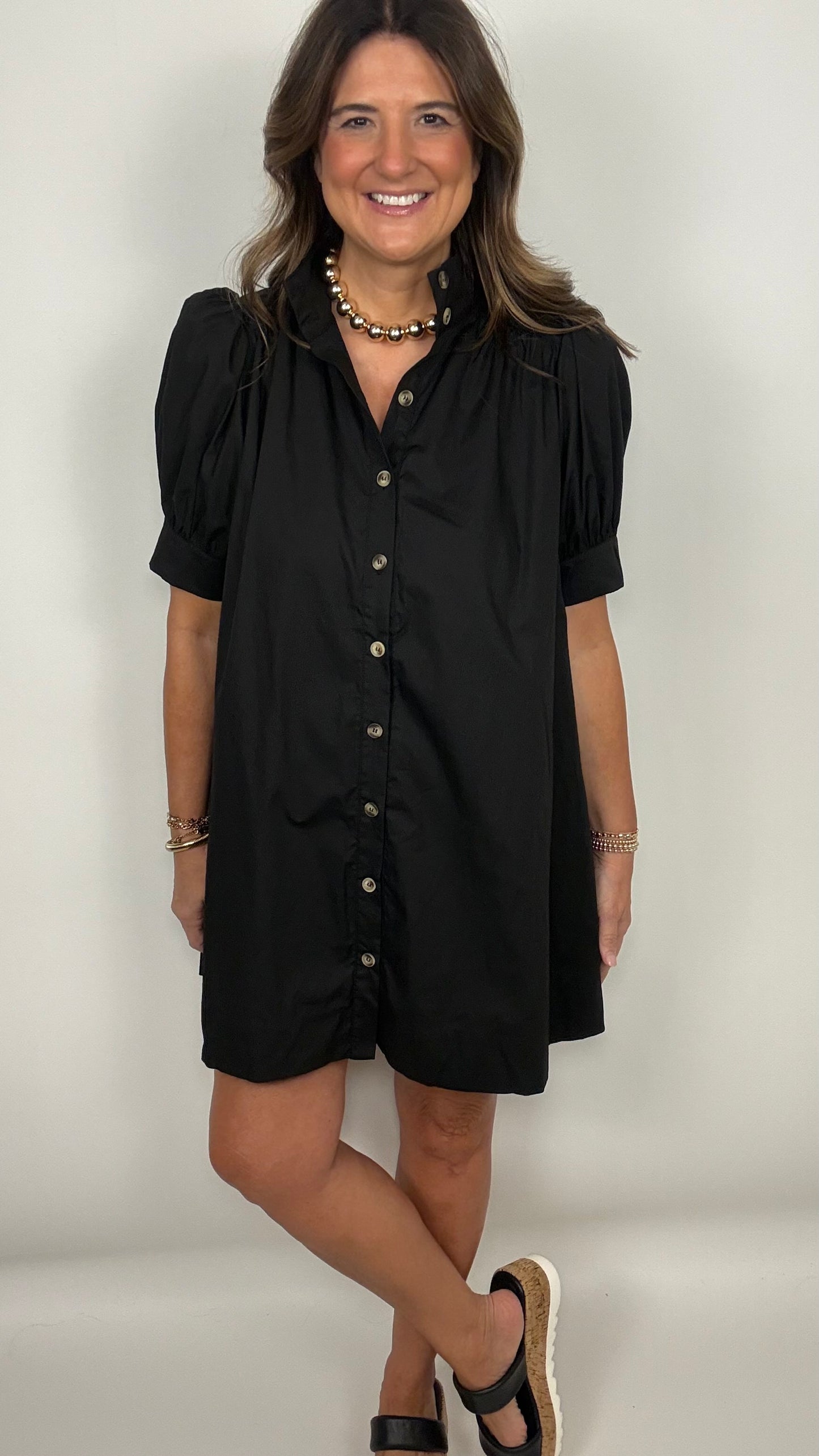The Black Button Up High Collar Dress