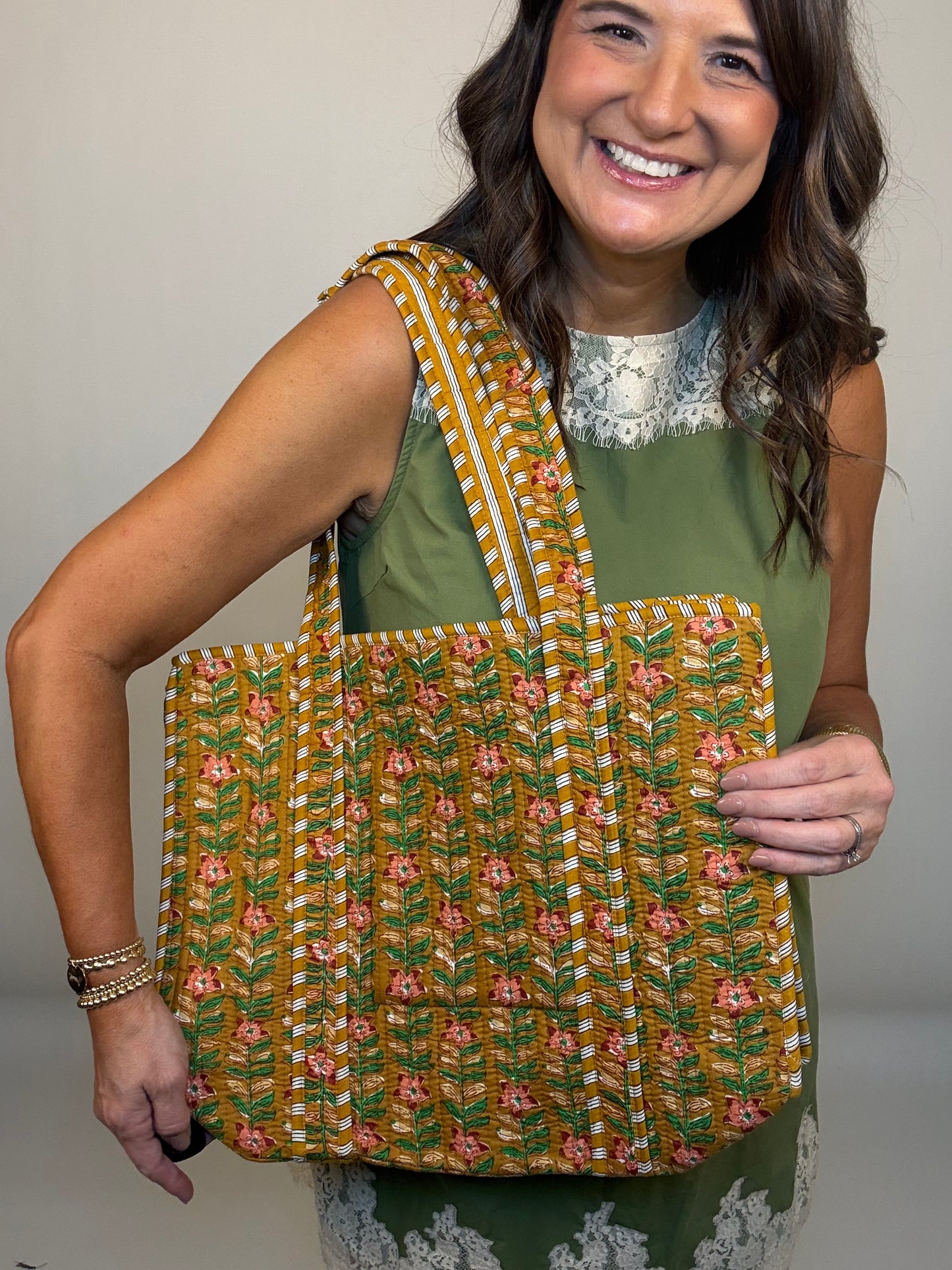 The Green Floral Poppy Quilted Tote Bag