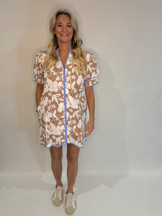 The Mocha Floral Zip Shift Dress - Triple Charm Boutique